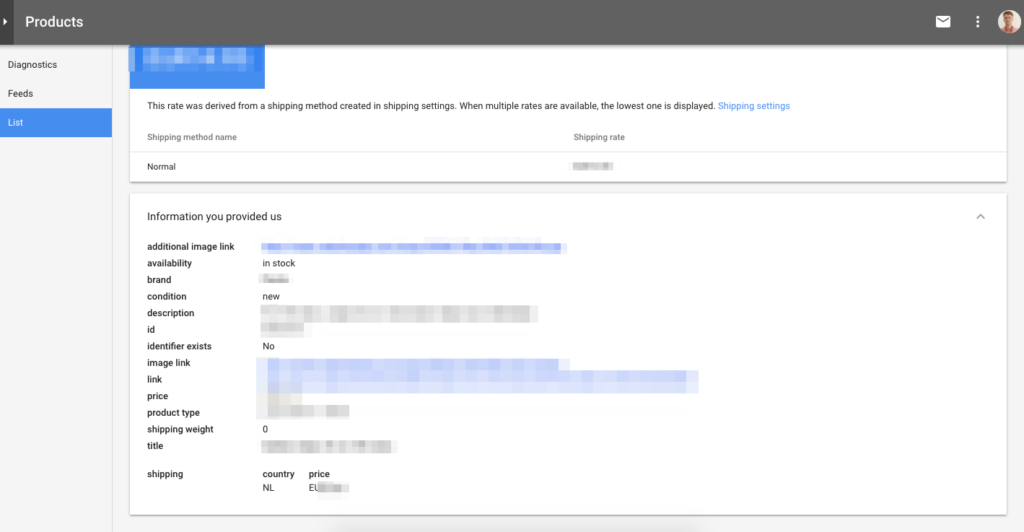 Product info in Google Merchant Center