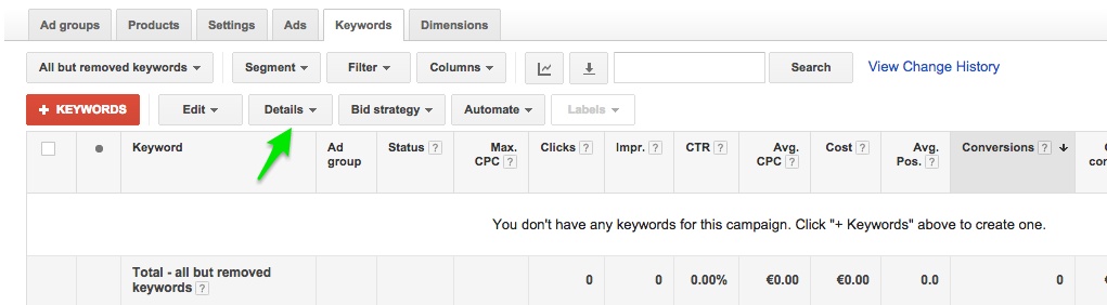 Empty keywords tab for Google Shopping Campaigns