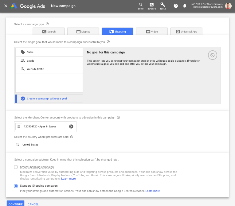 google ad shopping campaign set up