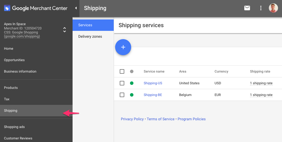 google merchant center shipping settings