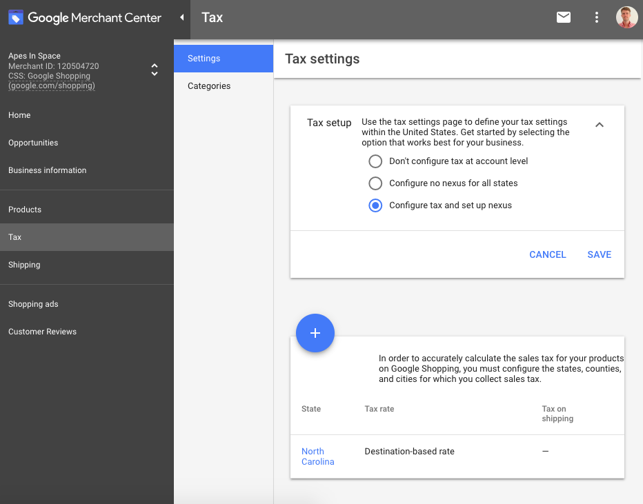 google merchant center tax settings