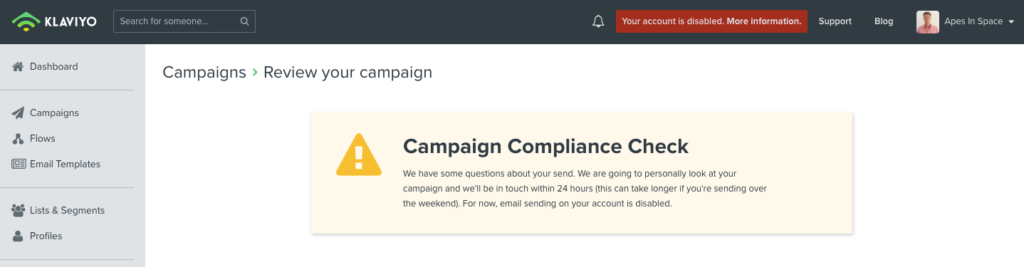 klaviyo compliance check new accounts