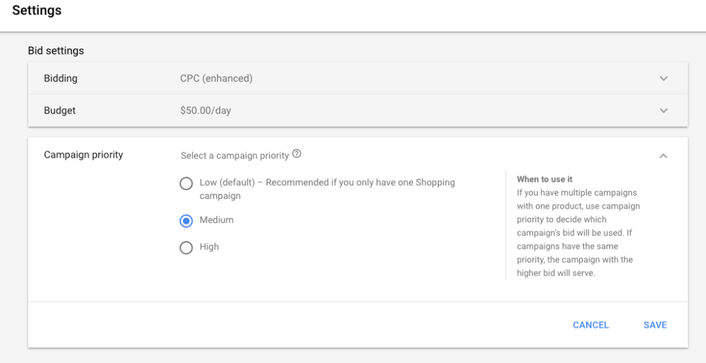 Google Shopping campaign priority in adwords