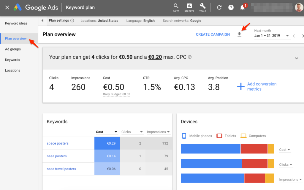 google ads keyword planner export keywords plan