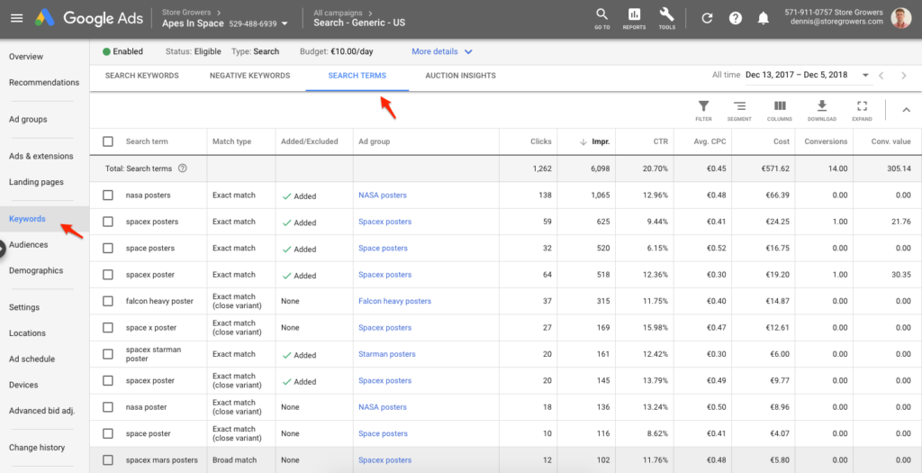 keyword research search terms report google ads