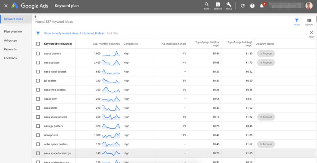 keyword research google ads keyword planner