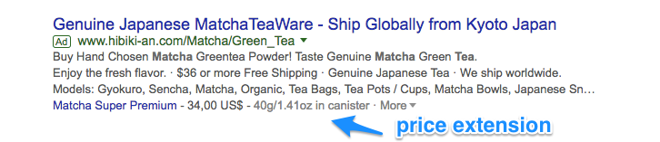 This is what an Google Ads price extension looks like in the search results