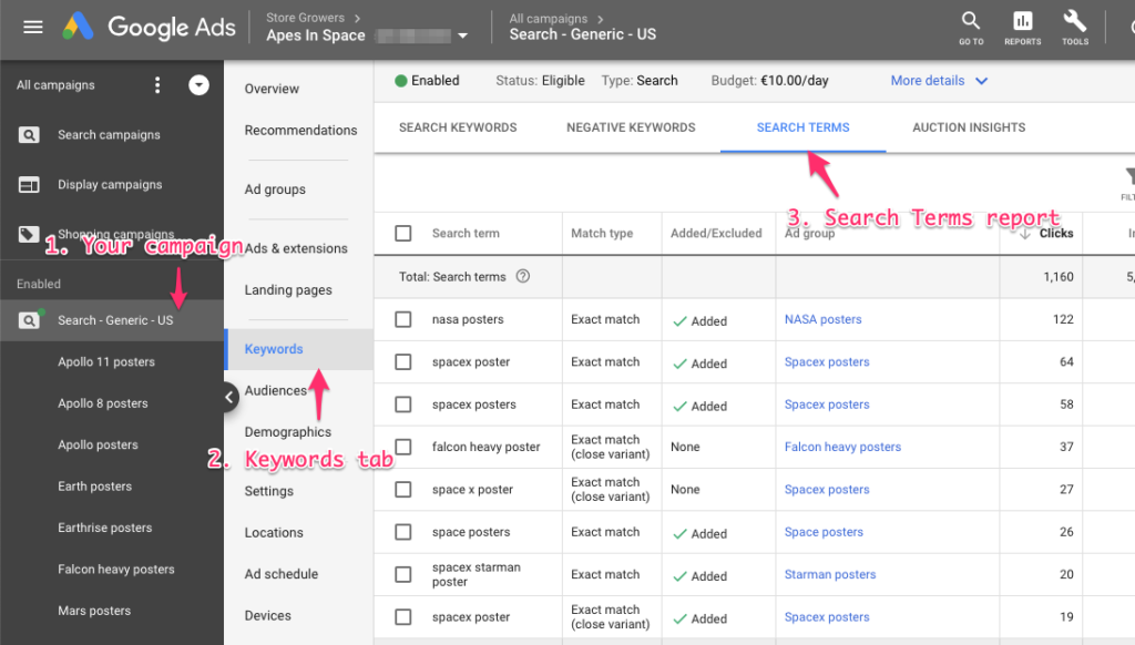 google ads search terms report