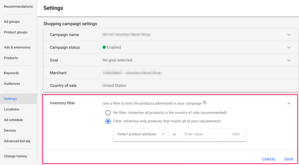 google shopping campaign settings inventory filter