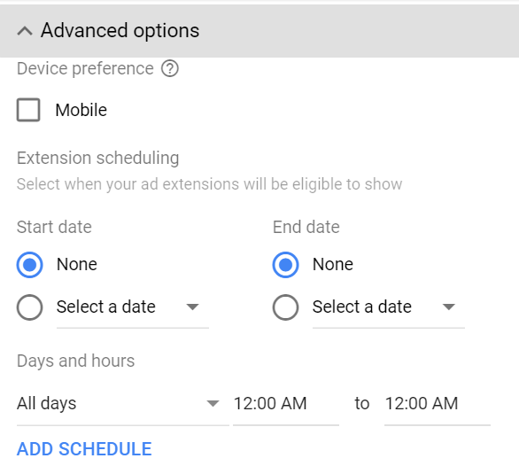 advanced options google ads sitelink extensions