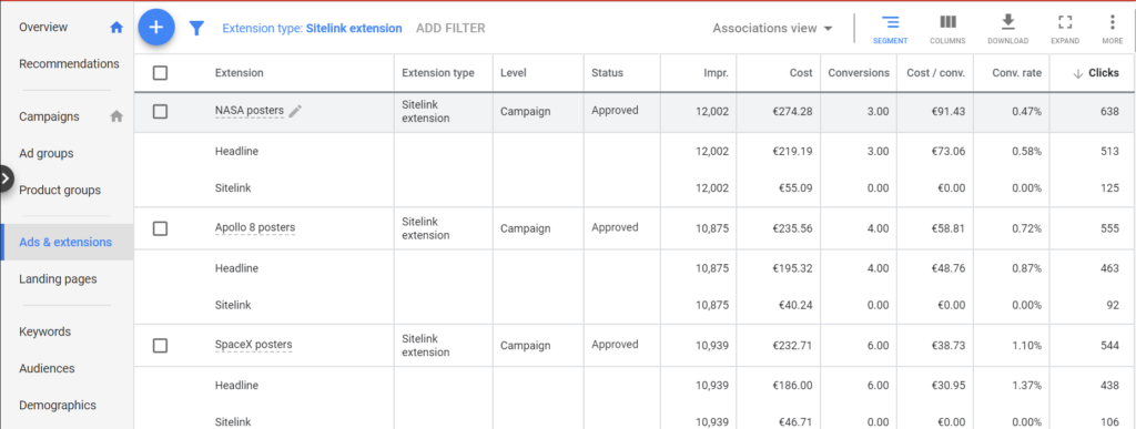 google ads ad extensions report