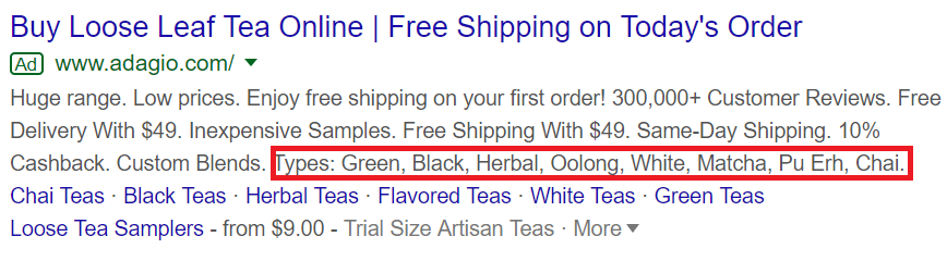 google ads structured snippet extensions example