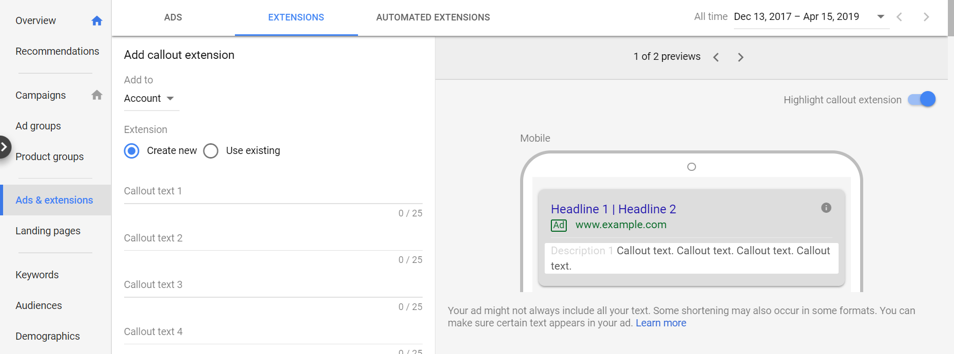 how to set up google ads callout extensions