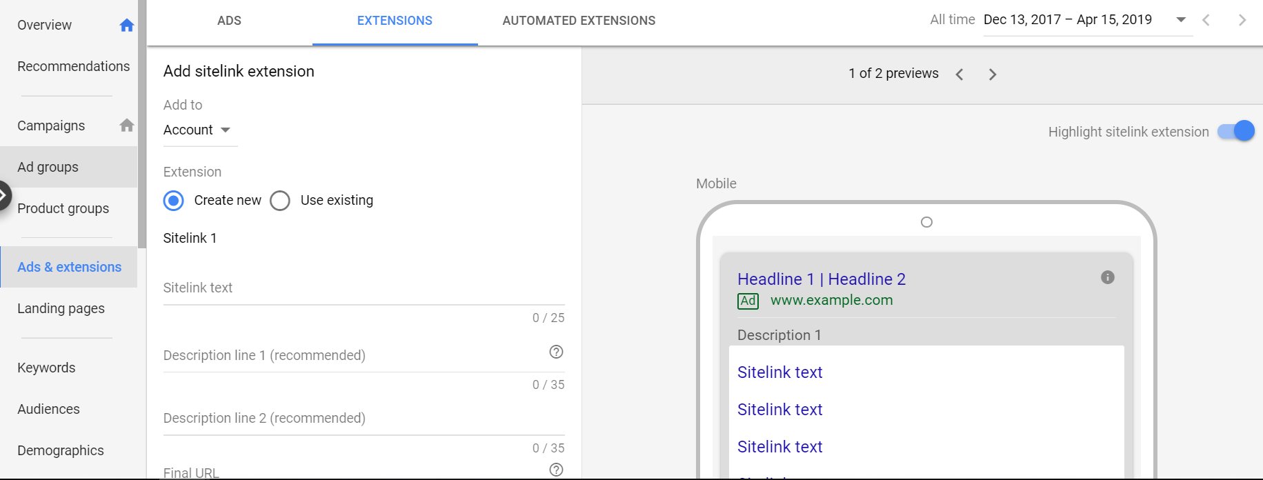 how to set up google ads sitelink extensions