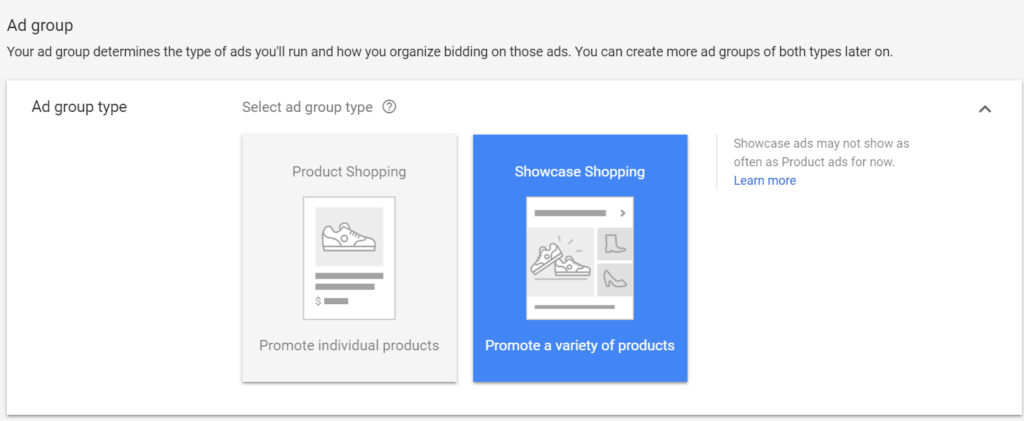 create google shopping showcase shopping ad group type