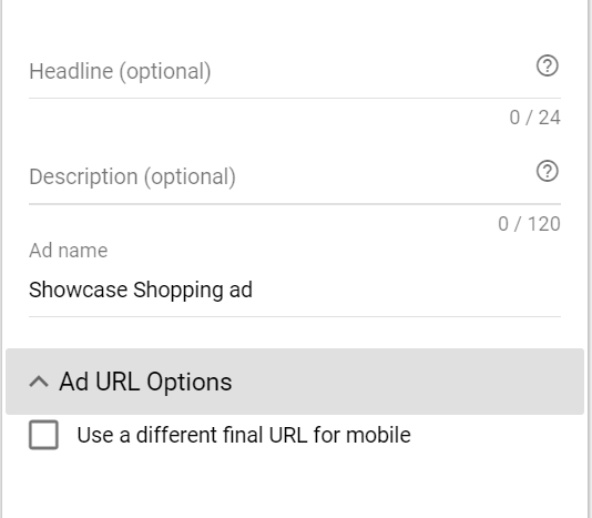 google ads showcase shopping ads text