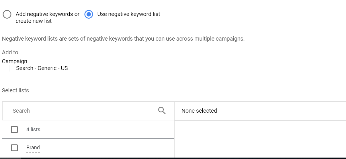 Apply a negative keyword list to a campaign in Google Ads