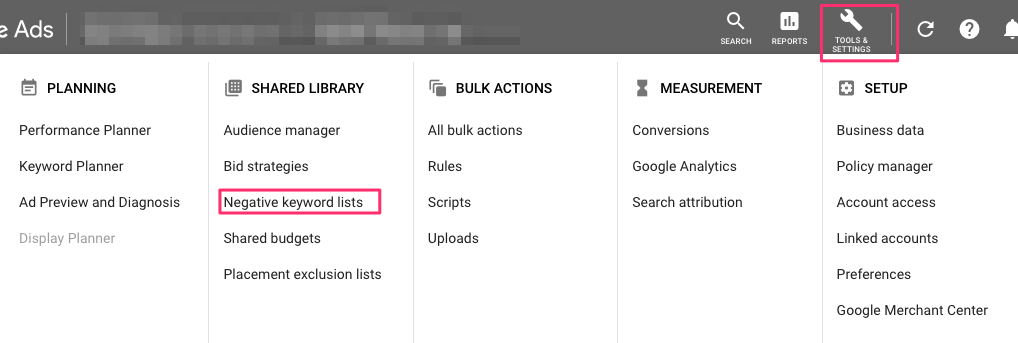 Google Ads negative keyword lists