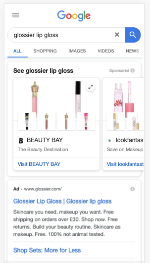 glossier UK showcase shopping ads missing