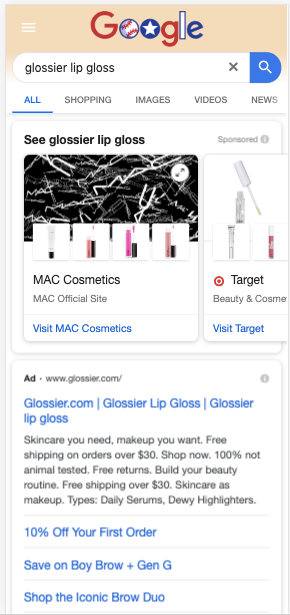 glossier showcase shopping ads missing