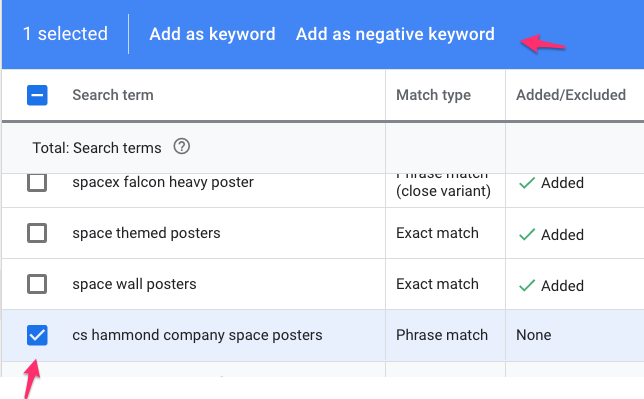 google ads search terms report negative keyword