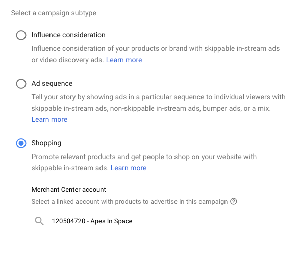 google ads trueview shopping campaign