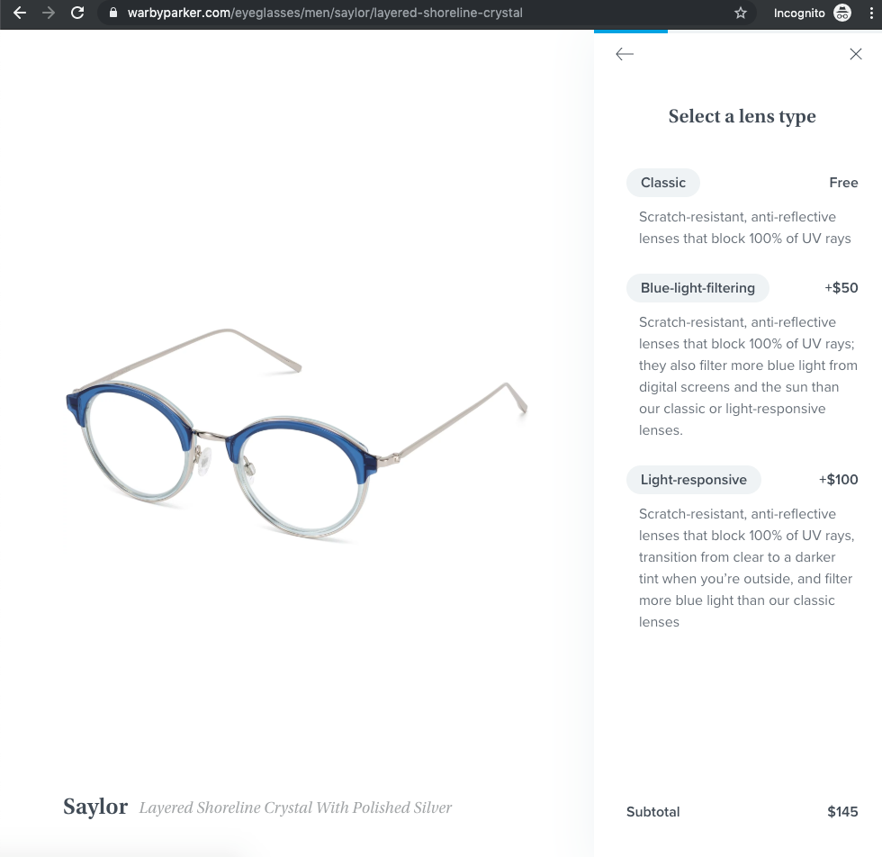 warby parker checkout upsell