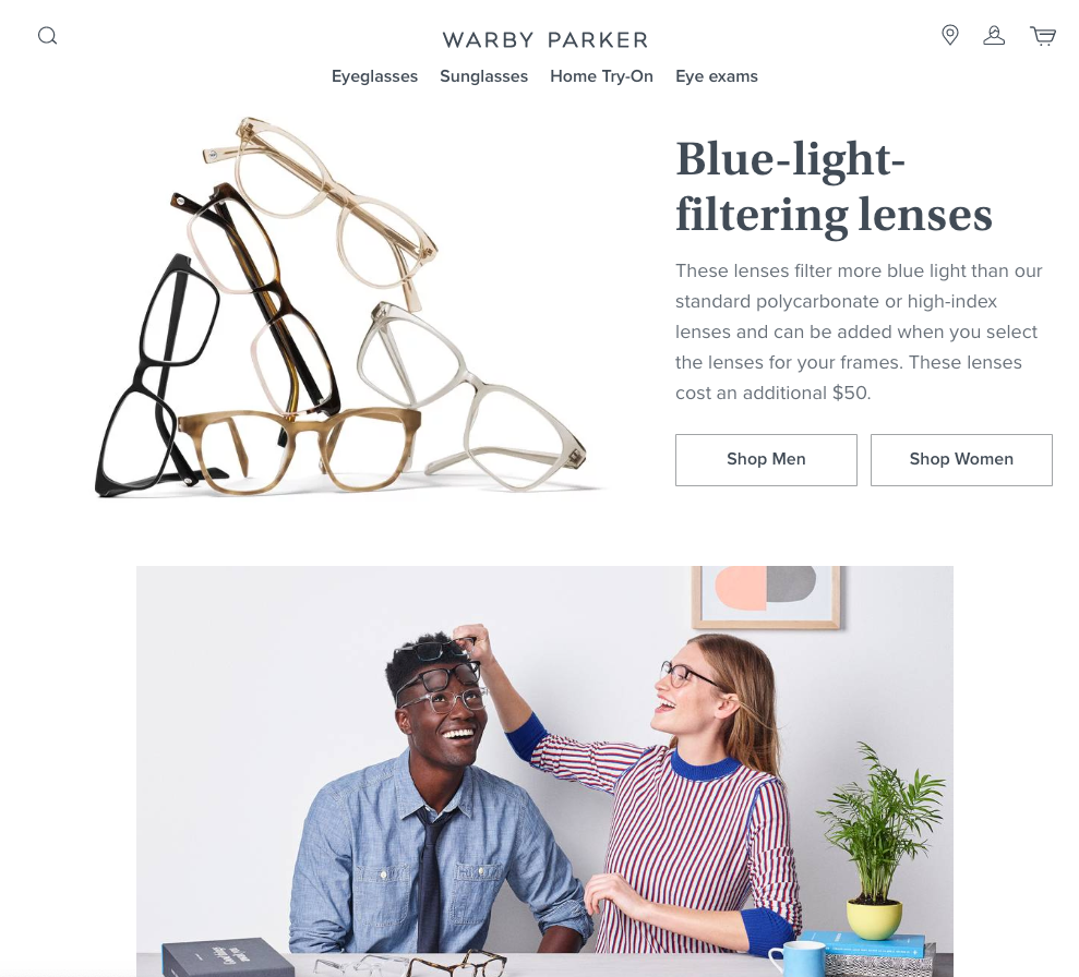 warby parker landing page blue light glasses