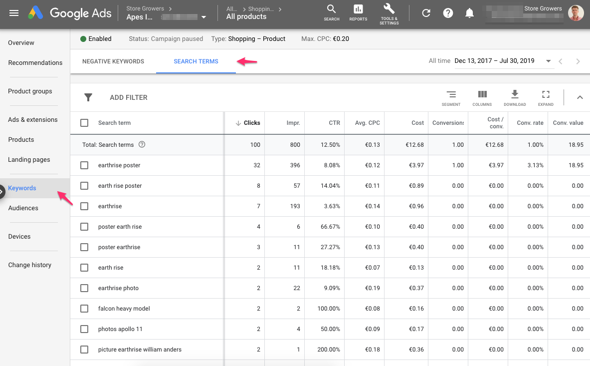 google ads negative keywords search terms report