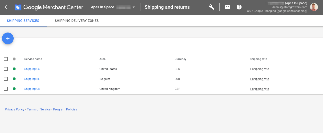 google merchant center shipping and returns settings