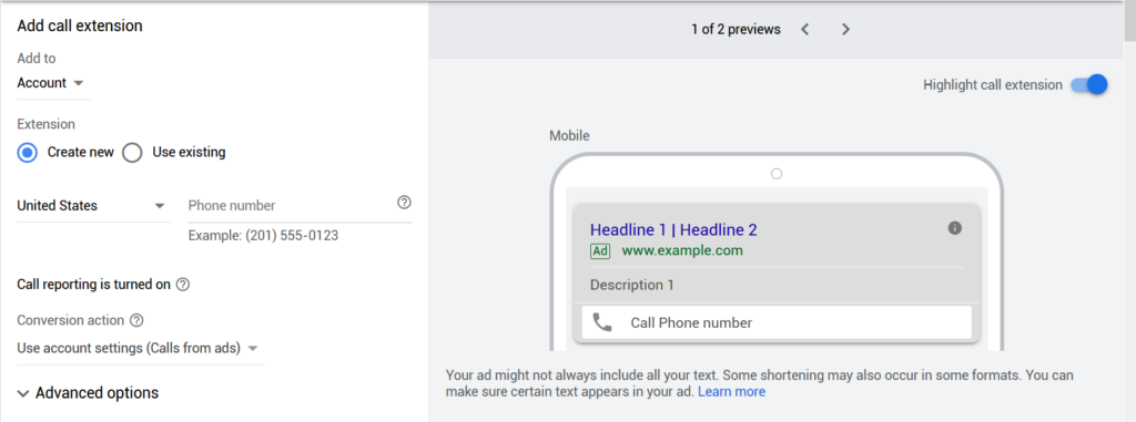how to add call extension on google ads