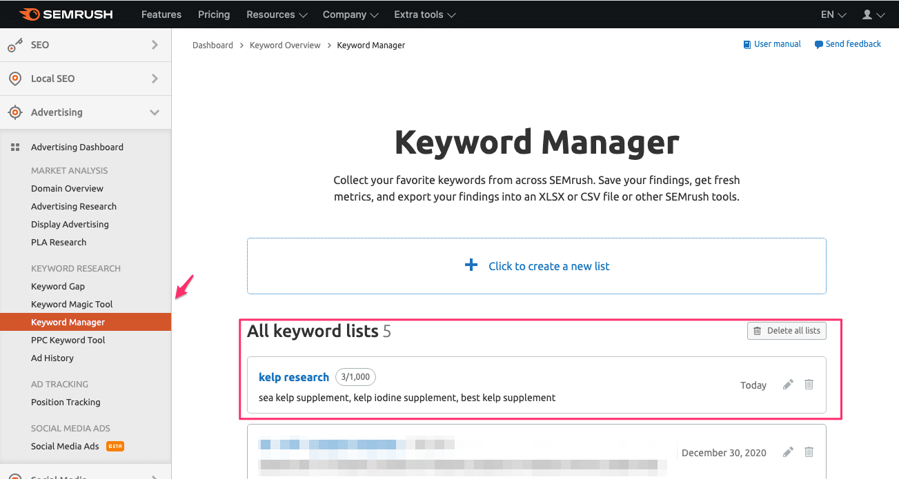semrush keyword manager