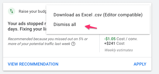 dismiss optimization score recommendations part 1
