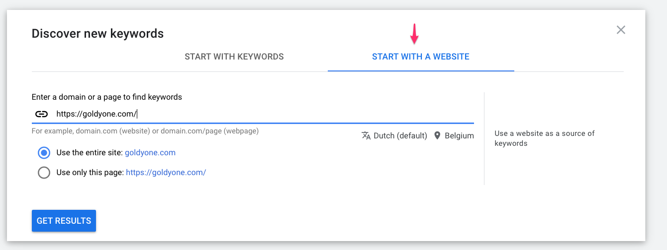 google keyword planner start with website