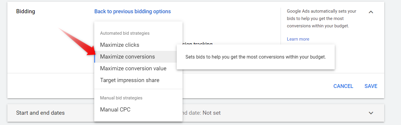 google bid strategy choose maximize conversions