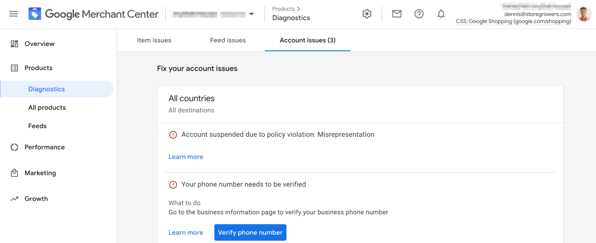 google merchant center account suspension example