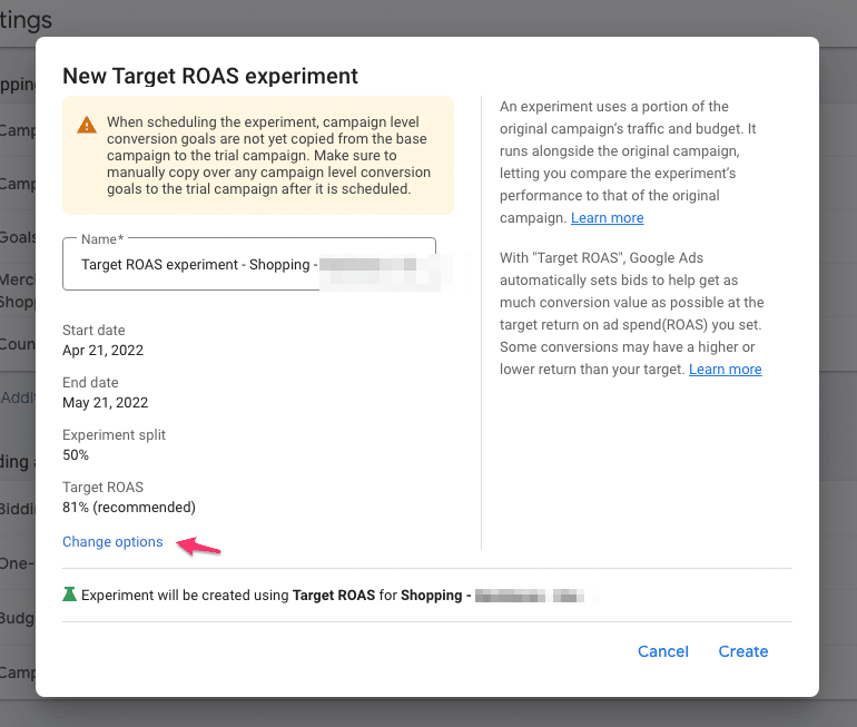 google shopping one click target roas experiment options