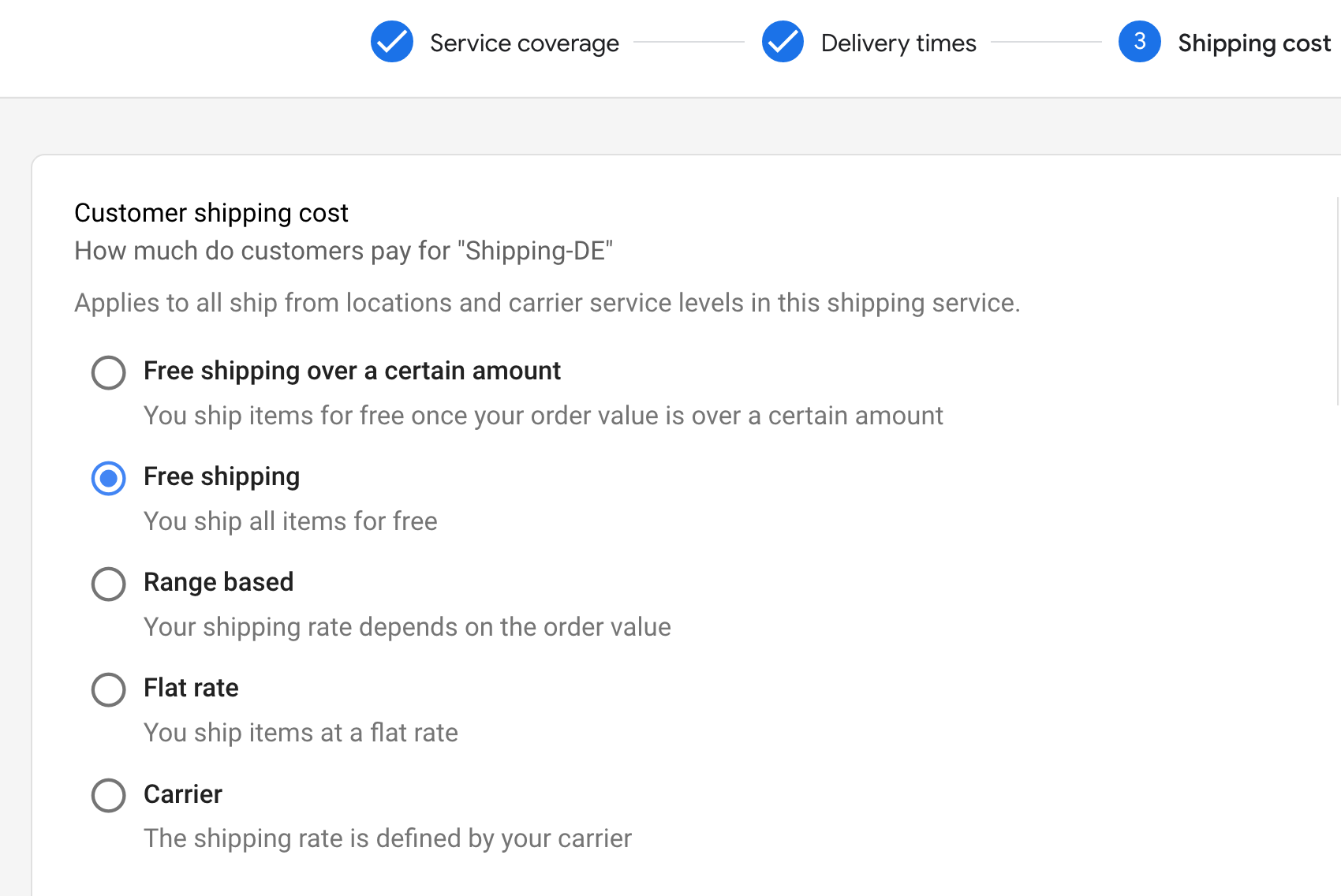Customer shipping cost section free shipping