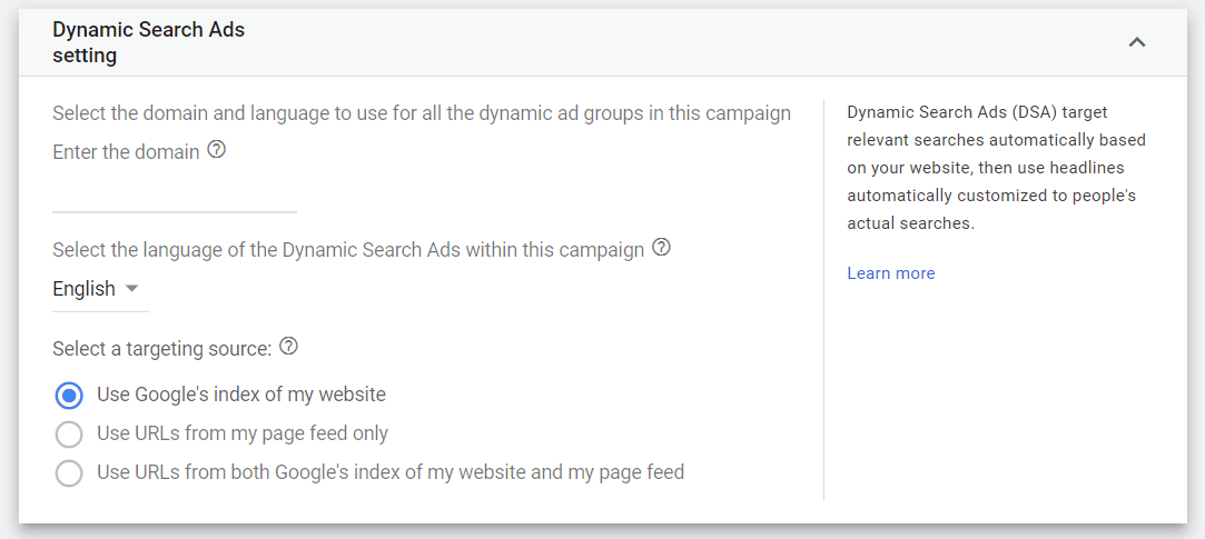Configure your Dynamic Search Ad