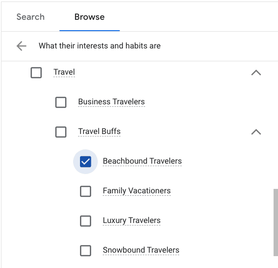 list of subsegments affinity audiences