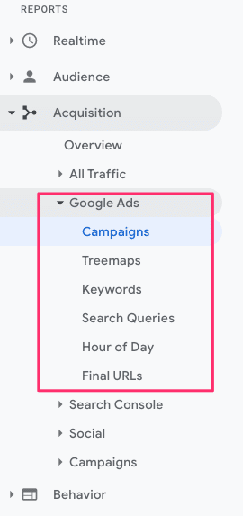 google campaign reports menu in analytics