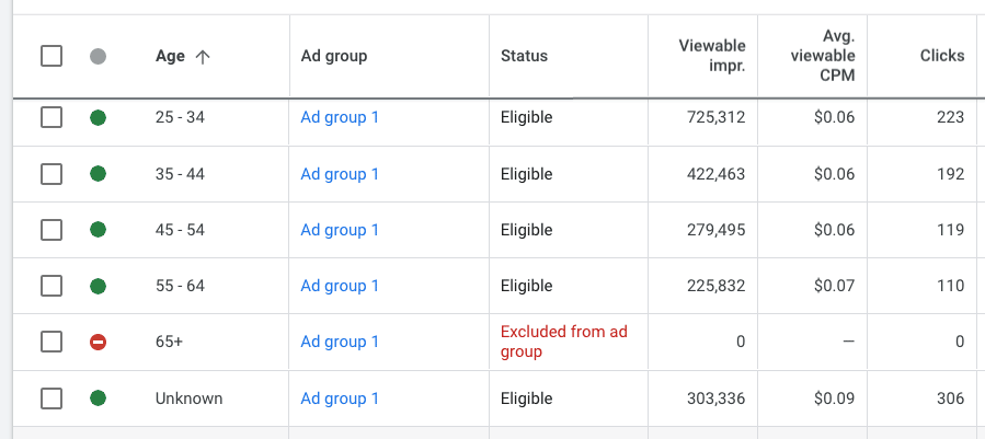 google demographics age in a display ads campaign