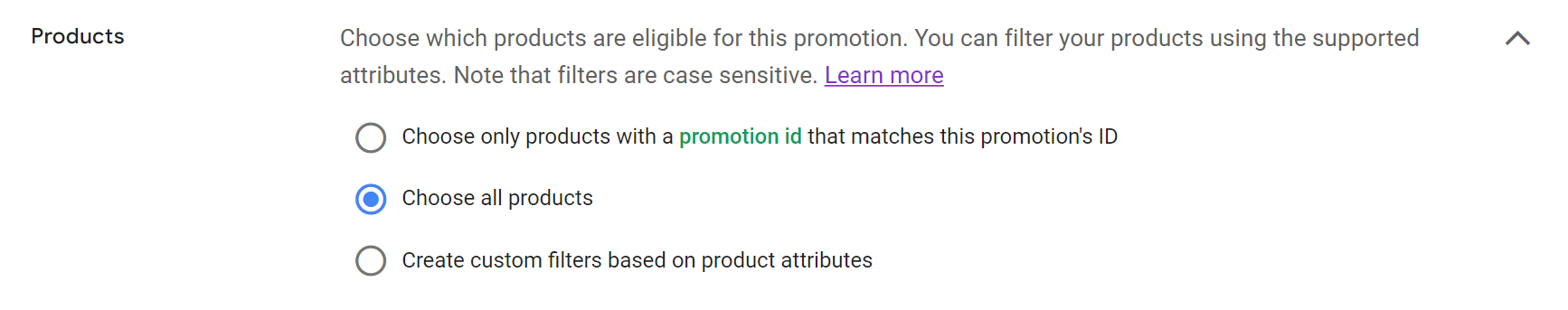 google merchant promotion product selection