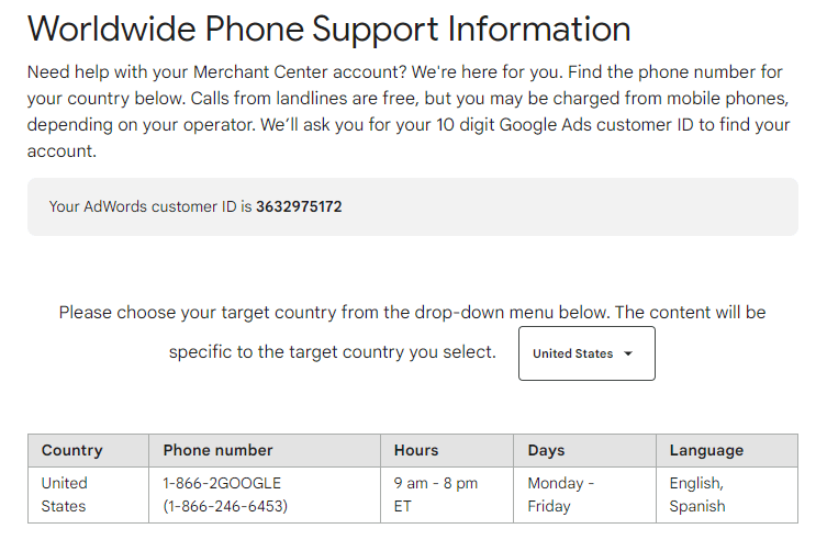 google merchant center support phone numbers