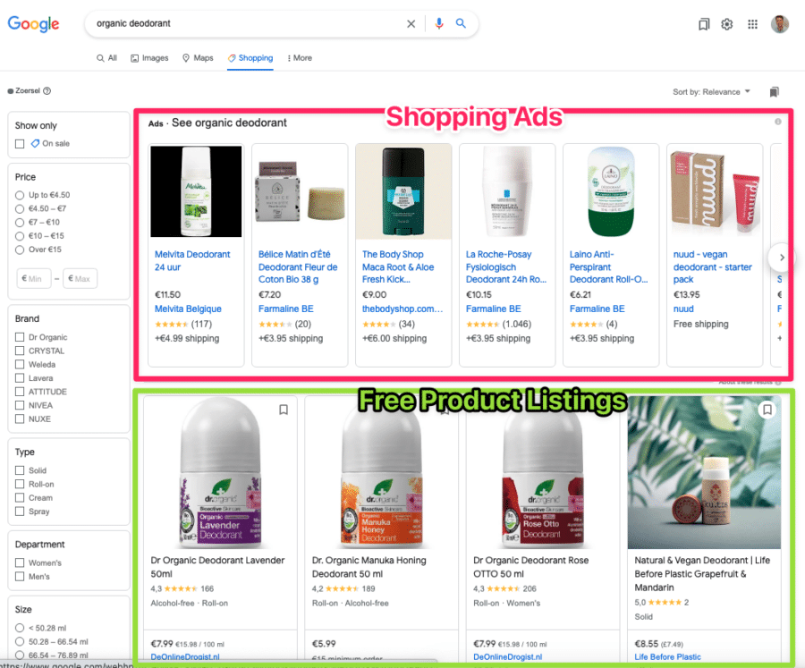 google free products listings on desktop