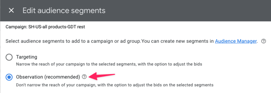 rlsa audience segment observation mode