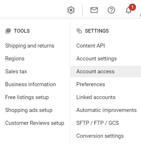 Account access in Google Merchant Center