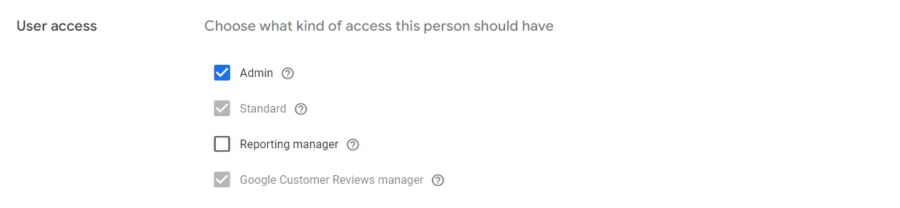 Kind of access users have in Google Merchant Center