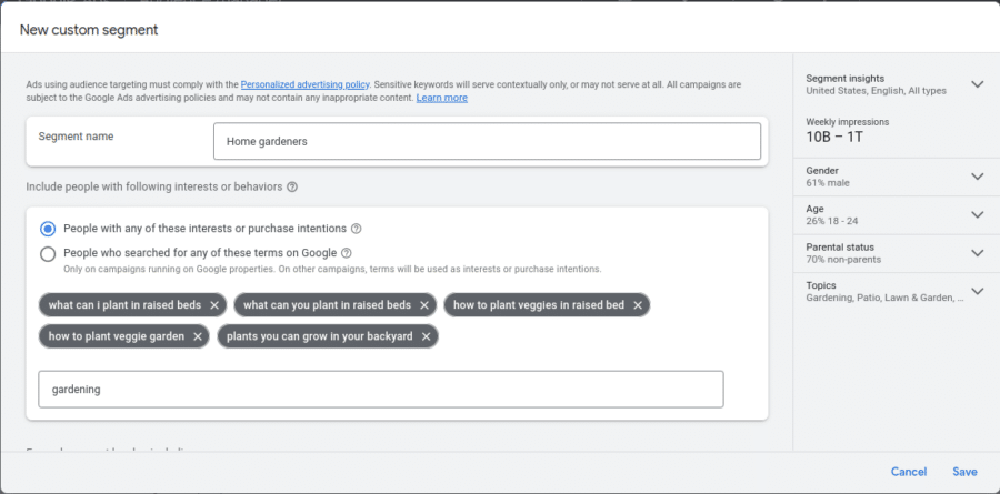 Interests to define custom segment