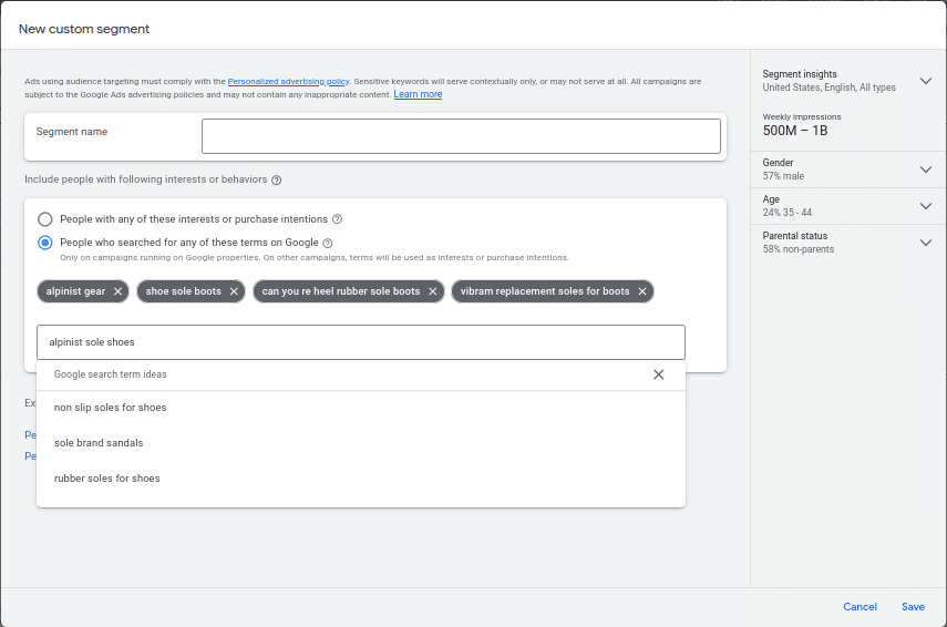 keyword suggestions by Google when creating a custom segment